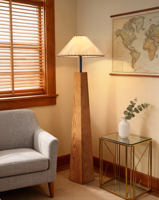 White Wax Wood Parchment Floor Lamp